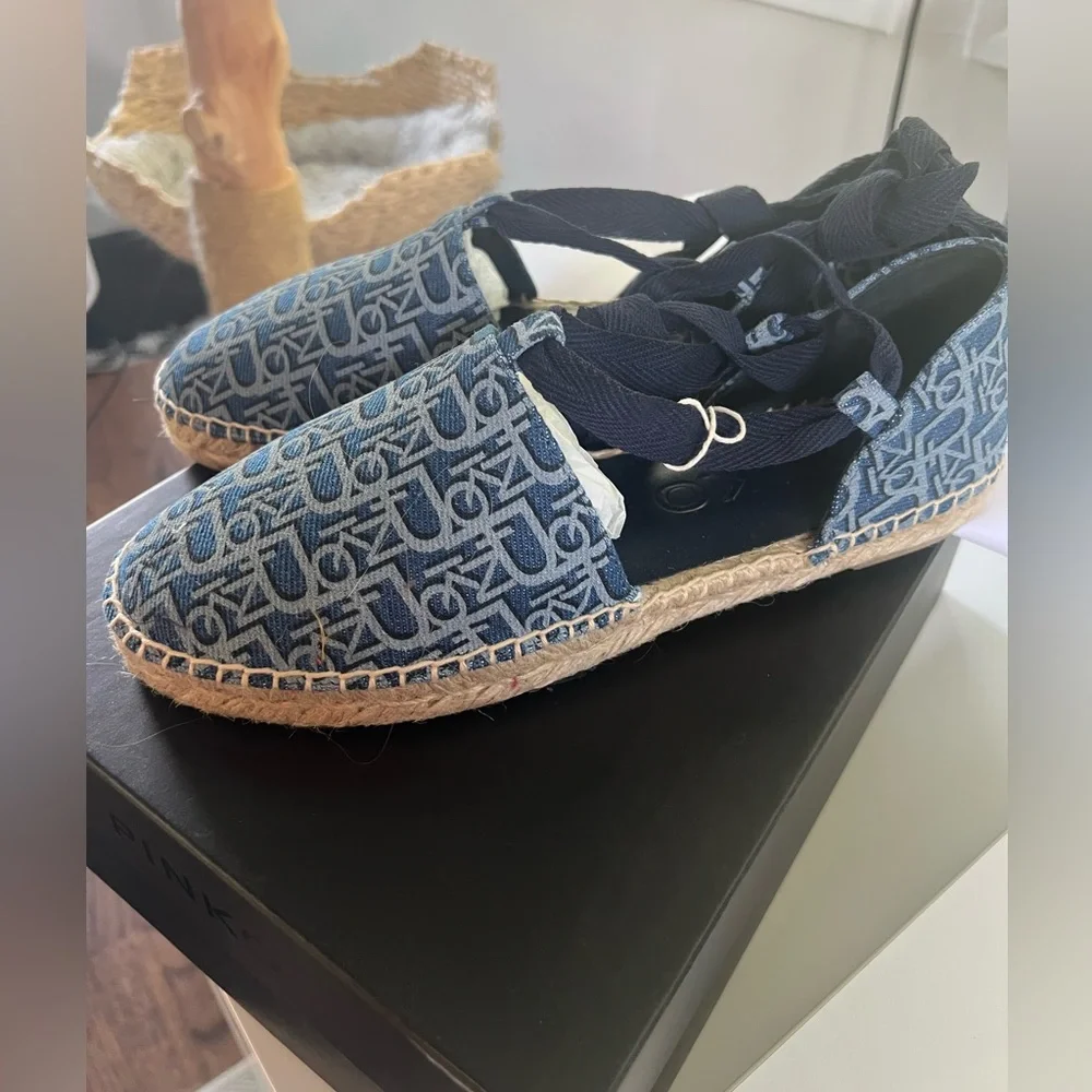 PINKO Denim Daphne Rafia Espadrilles - Brand New